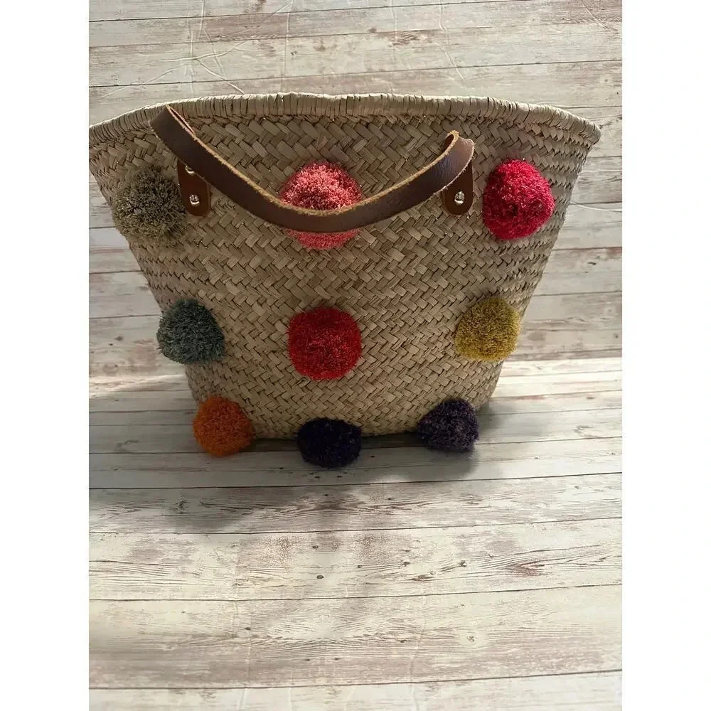 Thacker NYC Straw Shoulder Bag Pom Poms Beach Pool Boho